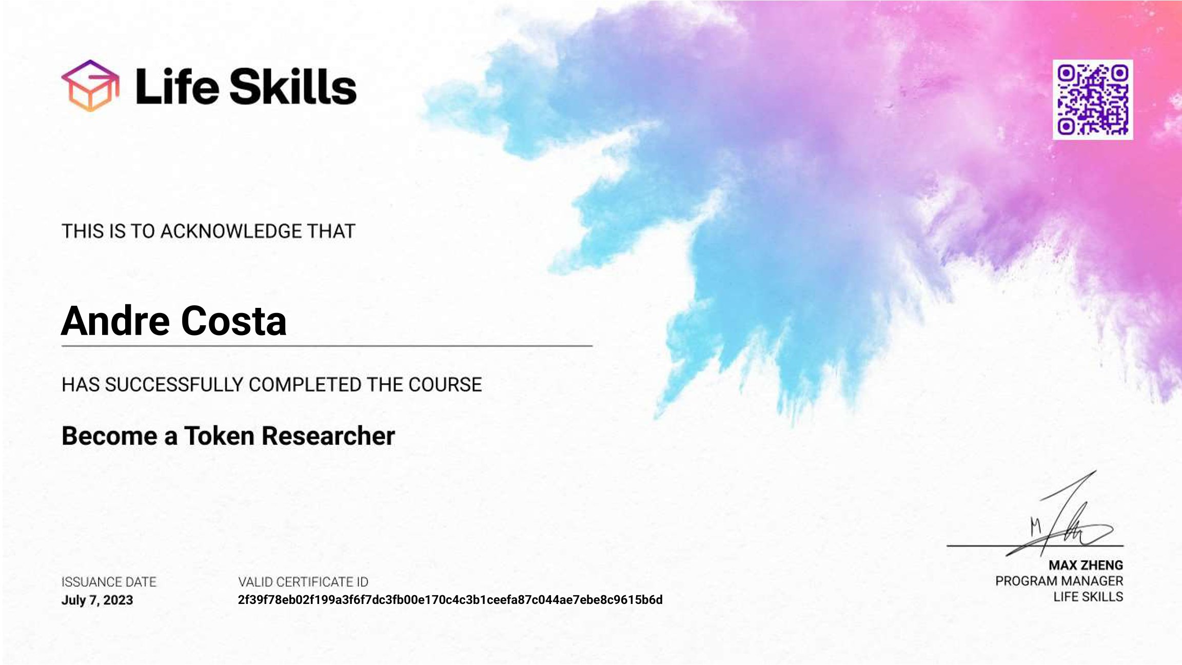 Life Skills - Become a Token Researcher - Andre Costa - Certificate
