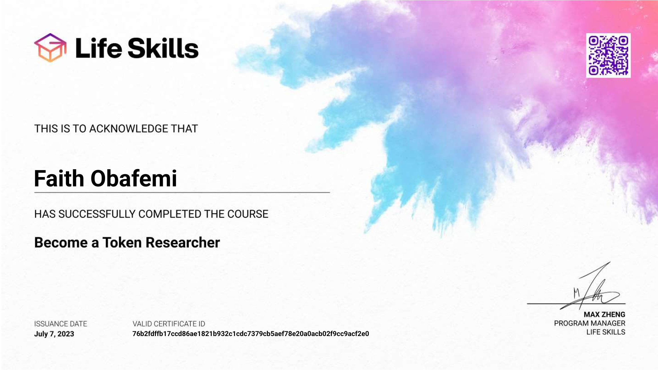 Life Skills - Become a Token Researcher - Faith Obafemi - Certificate