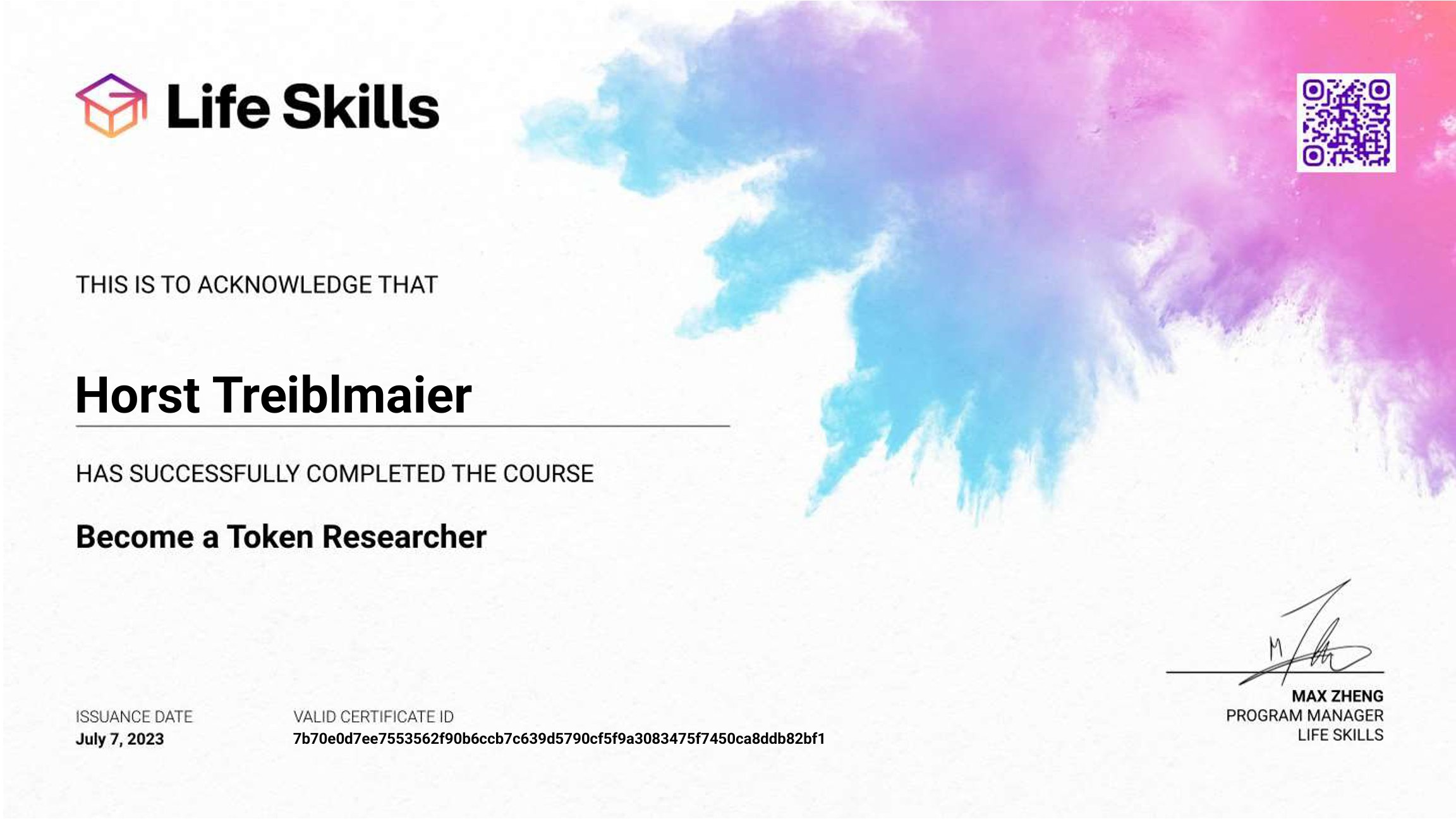 Life Skills - Become a Token Researcher - Horst Treiblmaier - Certificate