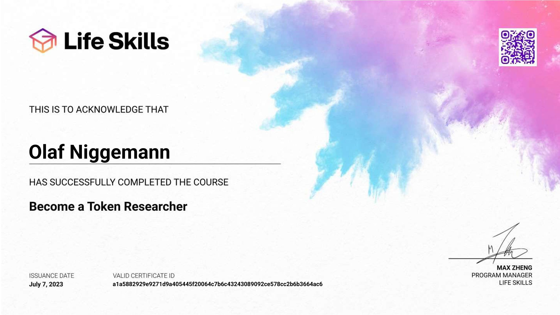 Life Skills - Become a Token Researcher - Olaf Niggemann - Certificate PNG