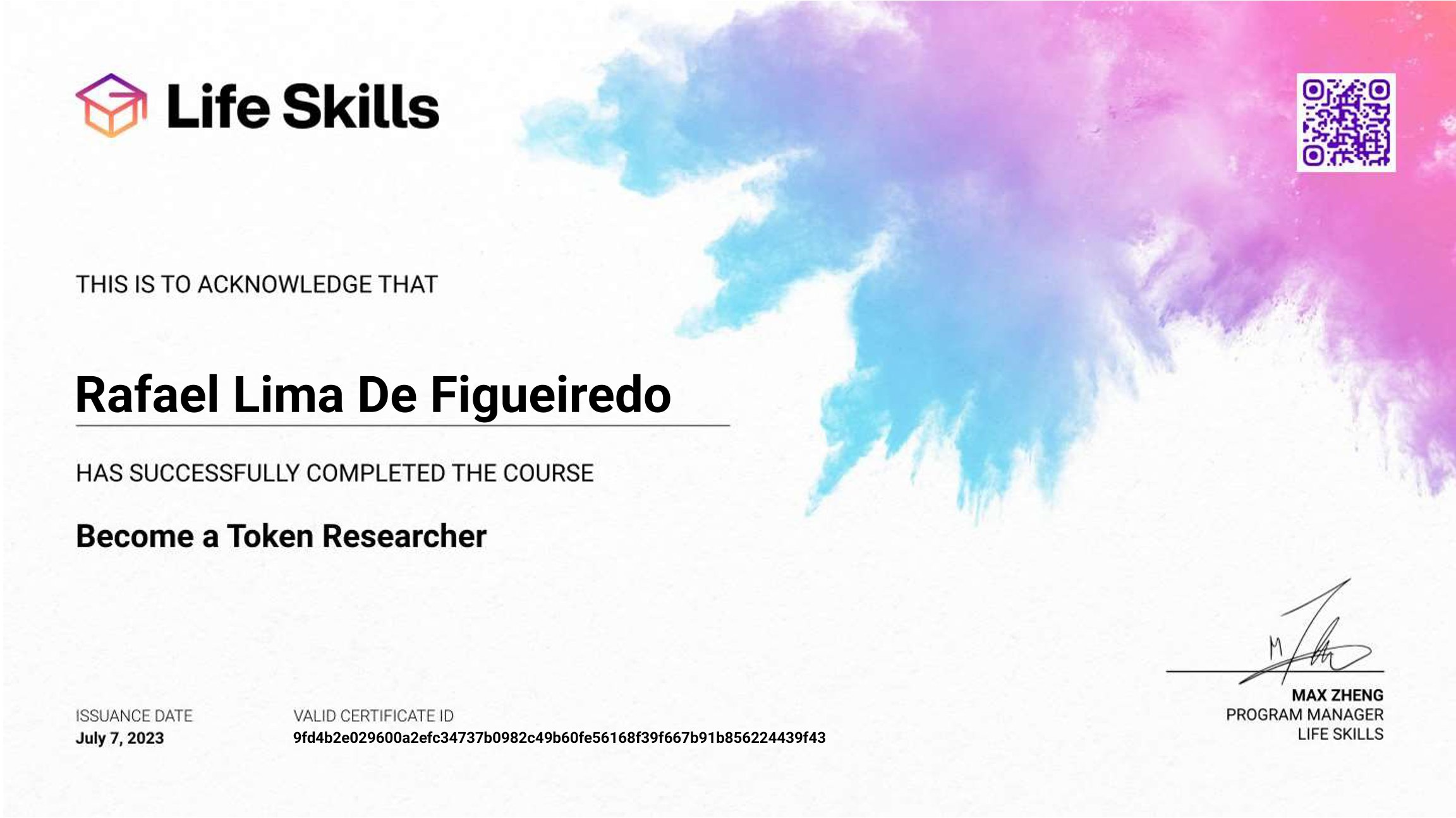 Life Skills - Become a Token Researcher - Rafael Lima De Figueiredo - Certificate