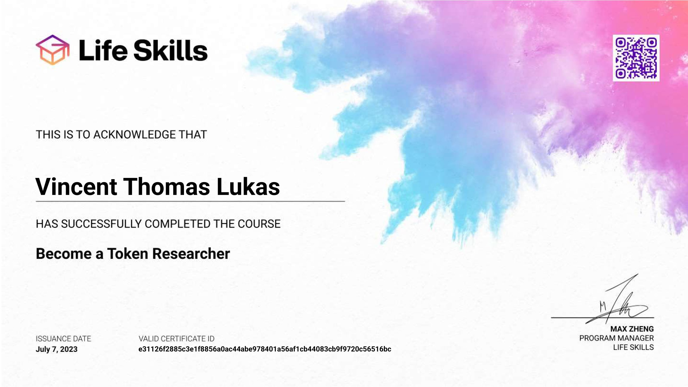 Life Skills - Become a Token Researcher - Vincent Thomas Lukas - Certificate