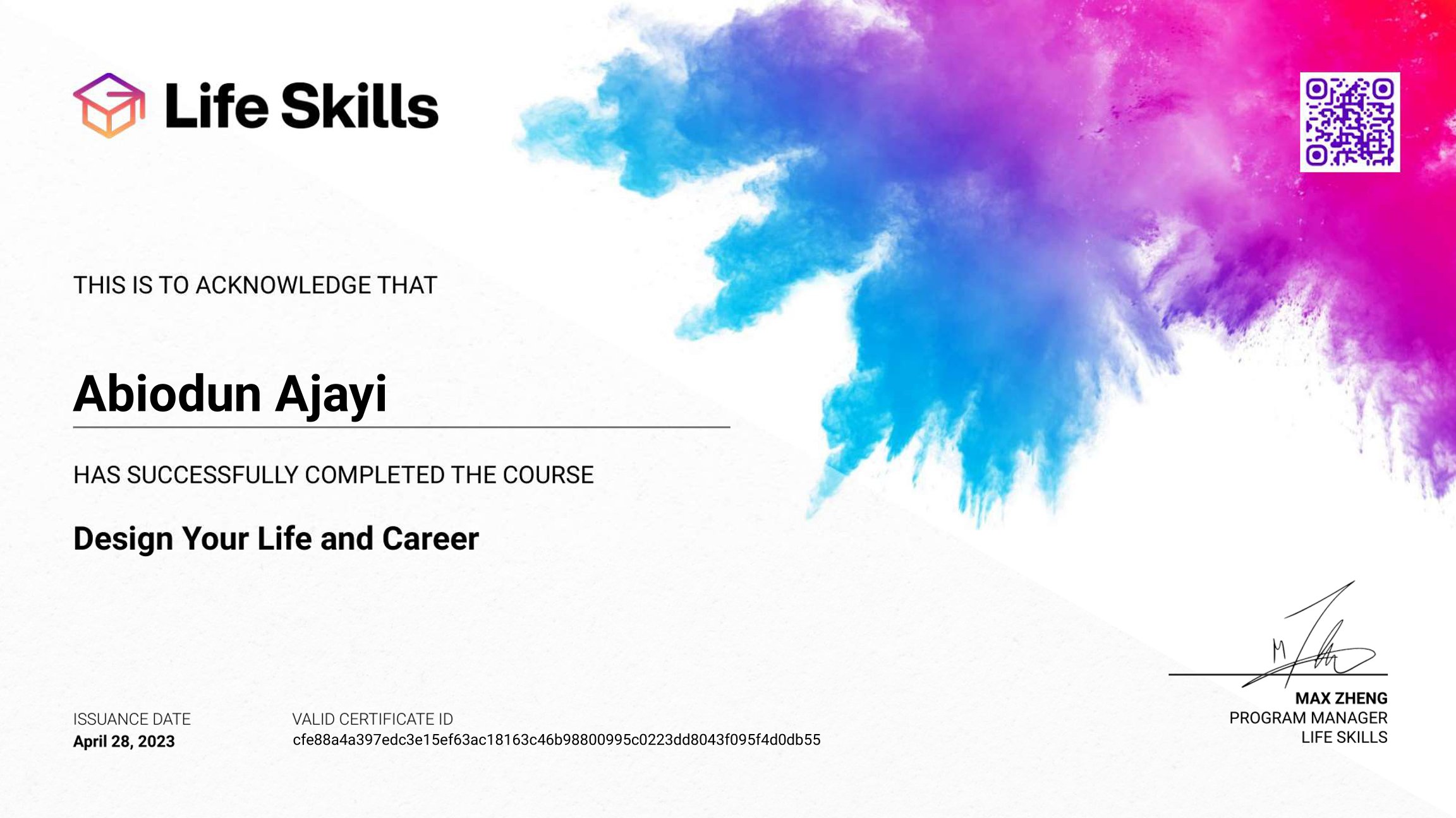 Life Skills - Design Your Life and Career - Abiodun Ajayi - Certificate