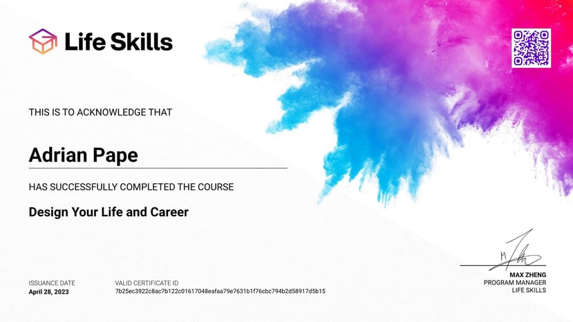 Life Skills - Design Your Life and Career - Adrian Pape - Certificate