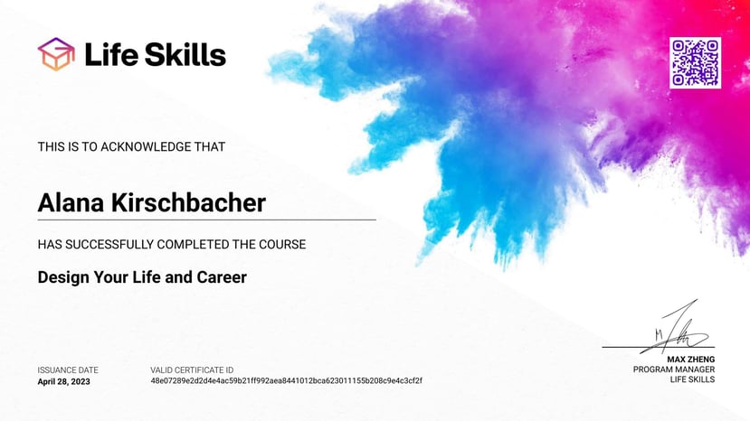 Life Skills - Design Your Life and Career - Alana Kirschbacher - Certificate