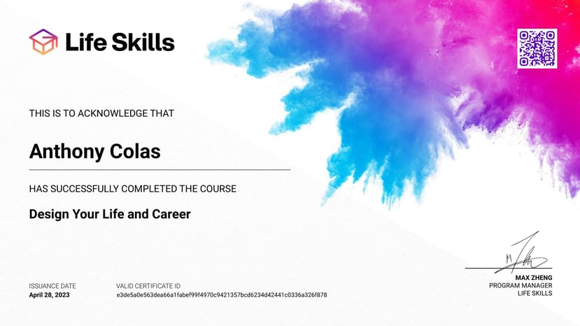 Life Skills - Design Your Life and Career - Anthony Colas - Certificate