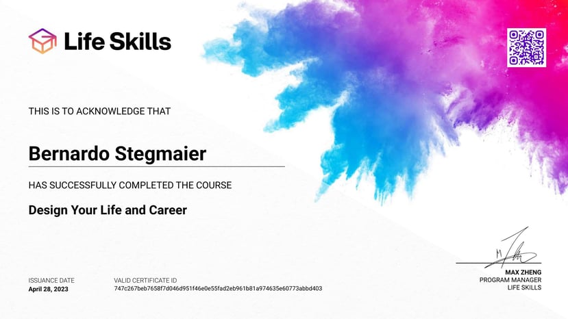 Life Skills - Design Your Life and Career - Bernardo Stegmaier - Certificate