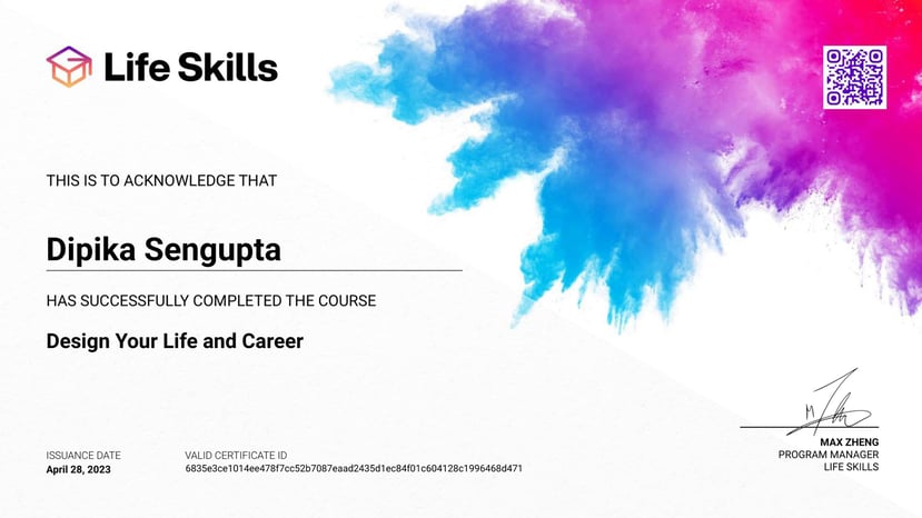 Life Skills - Design Your Life and Career - Dipika Sengupta - Certificate