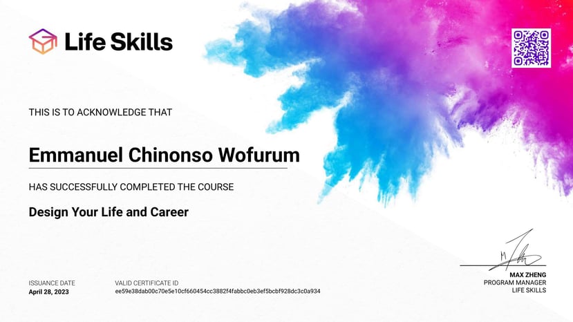 Life Skills - Design Your Life and Career - Emmanuel Chinonso Wofurum - Certificate