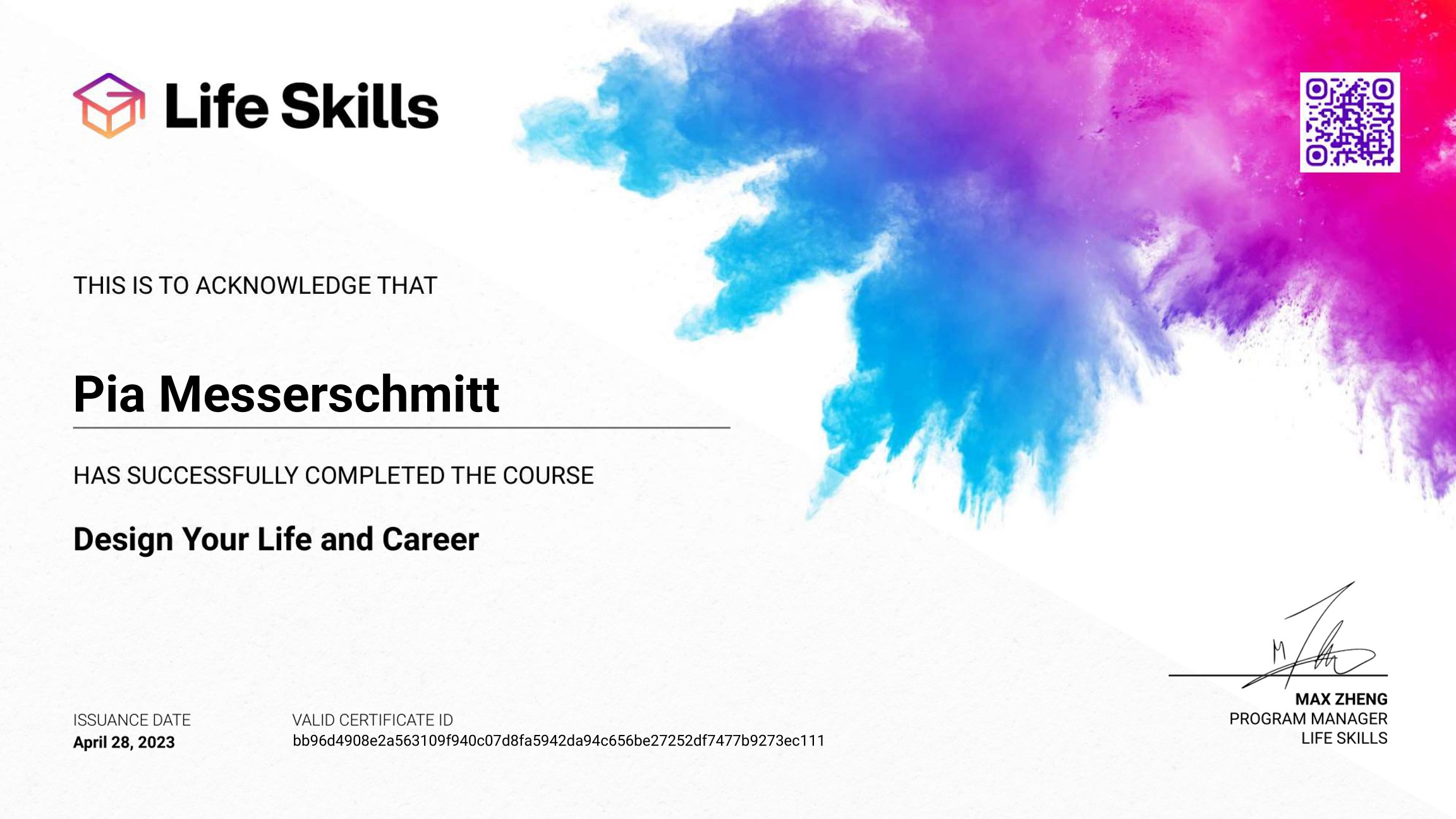 Life Skills - Design Your Life and Career - Pia Messerschmitt - Certificate