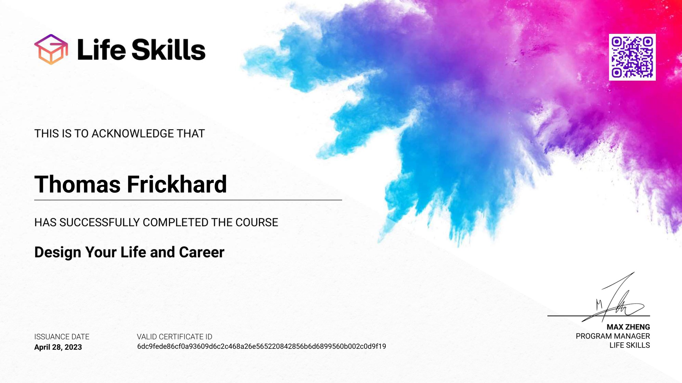 Life Skills - Design Your Life and Career - Thomas Frickhard - Certificate