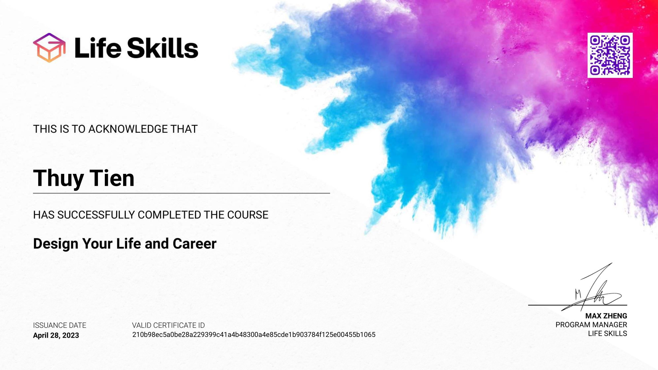 Life Skills - Design Your Life and Career - Thuy Tien - Certificate