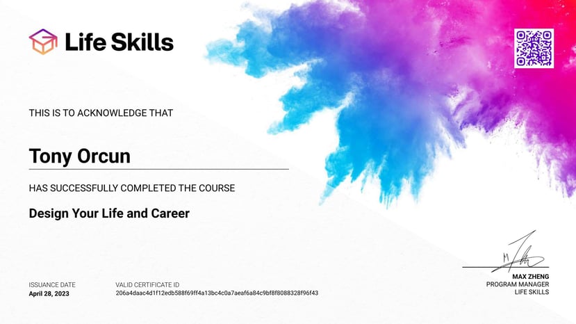 Life Skills - Design Your Life and Career - Tony Orcun - Certificate