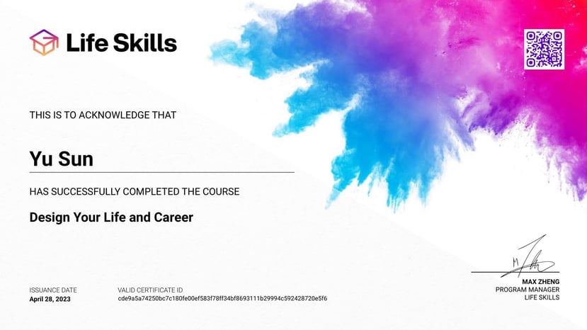 Life Skills - Design Your Life and Career - Yu Sun - Certificate