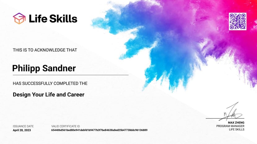 Life Skills - Design Your Life and Career - Philipp Sandner - Certificate